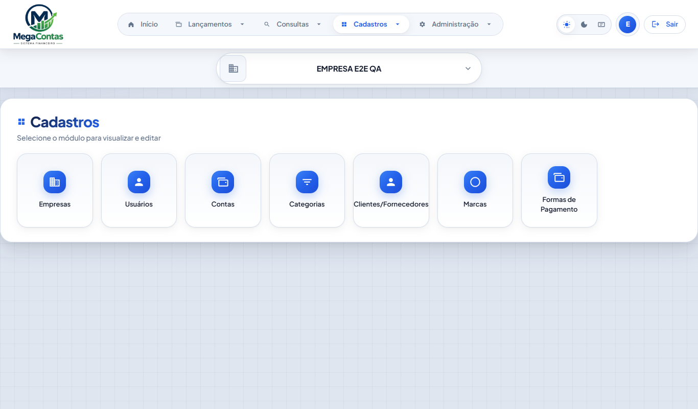 Hub de Cadastros — empresas, contas, categorias e fornecedores