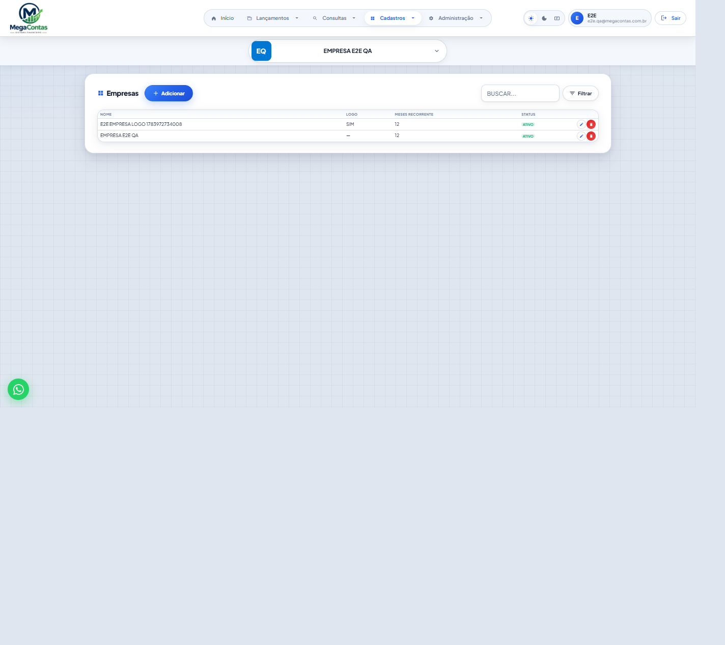 Cadastro de Empresas em tema claro — multi-empresa com logo e status