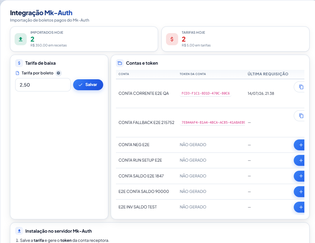 Tela Integração Mk-Auth — resumo do dia, tarifa por boleto, tokens por conta e comando de instalação