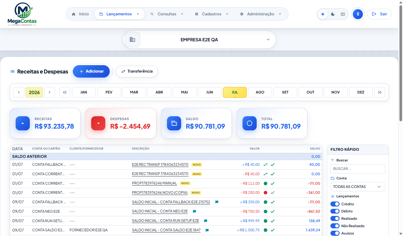 Tela de lançamentos do Mega Contas