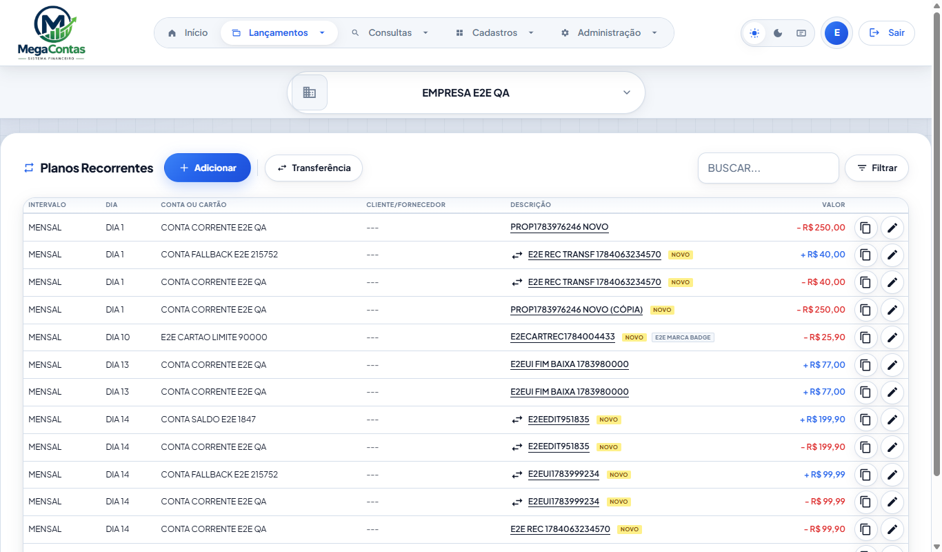 Tela Recorrentes — templates de despesas e transferências recorrentes